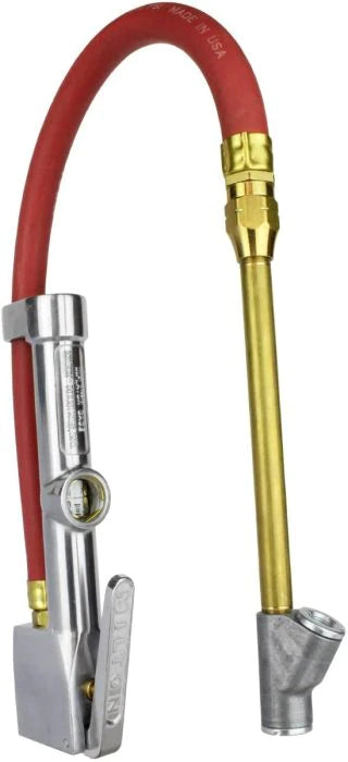Straight Foot Chuck Tire Inflator Gauge, 15" Hose, Lock-On Threads