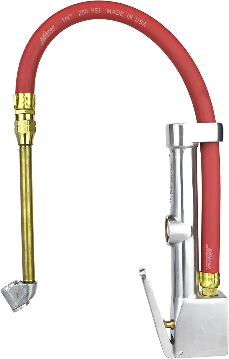 Service Station Tire Inflator and Air Pressure Gauge, Straight Foot Chuck w/ Thread Lock, 1/4" NPT, 15" Rubber Hose, 10-160 PSI