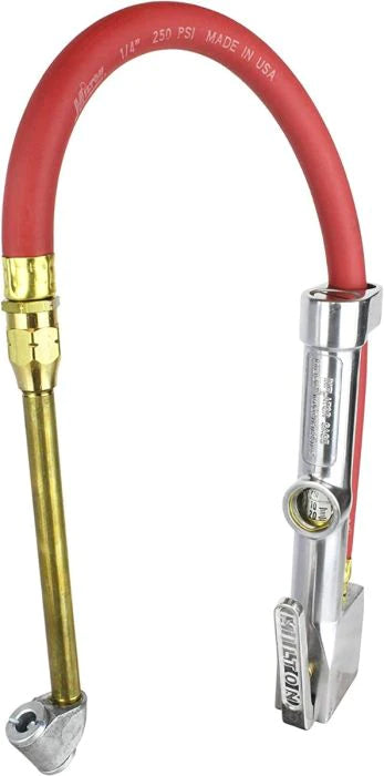 Straight Foot Chuck Tire Inflator Gauge, 15" Hose, Lock-On Threads