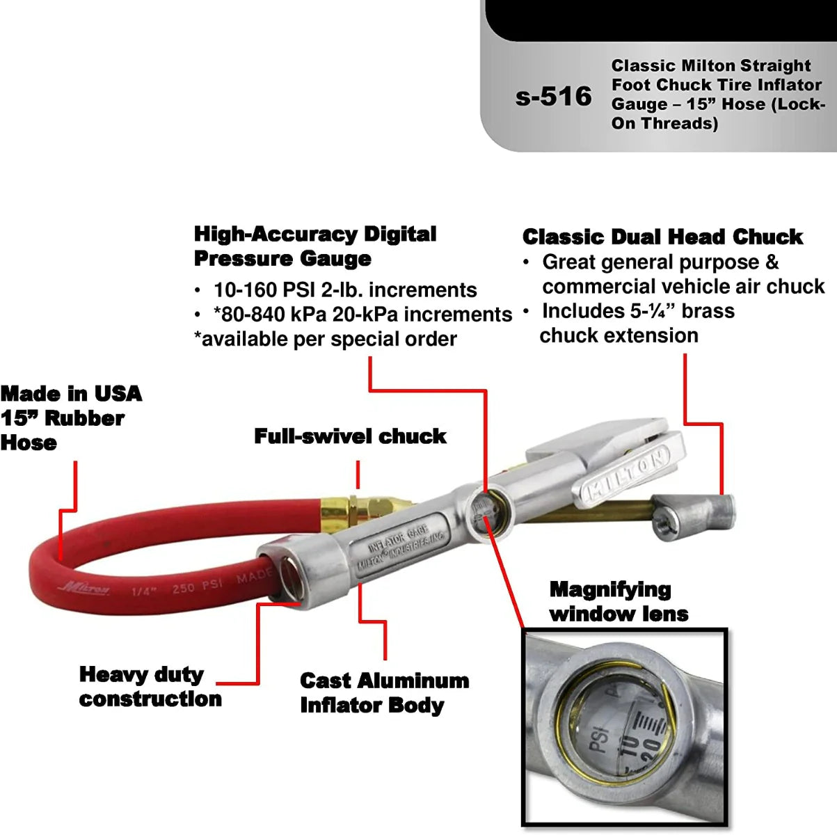 Service Station Tire Inflator and Air Pressure Gauge, Straight Foot Chuck w/ Thread Lock, 1/4" NPT, 15" Rubber Hose, 10-160 PSI