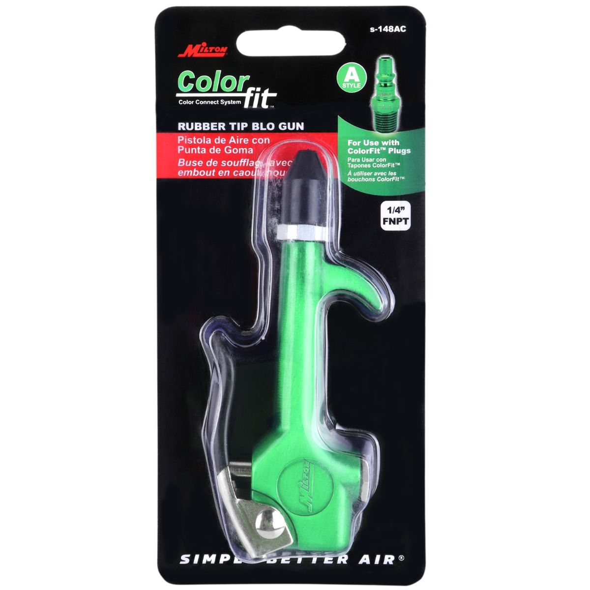 Milton® COLORFIT® S-148AC 1/4" NPT Lever Blow Gun Tool, Rubber Tip Nozzle, Green