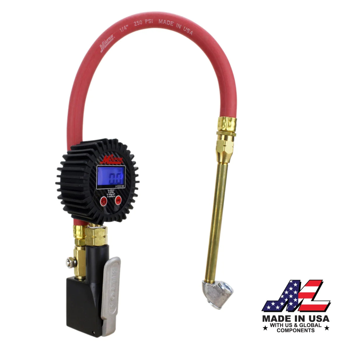 Compact Digital Tire Inflator with Pressure Gauge (255 PSI) - Air Chuck & 15" Rubber Air hose 1/4" NPT