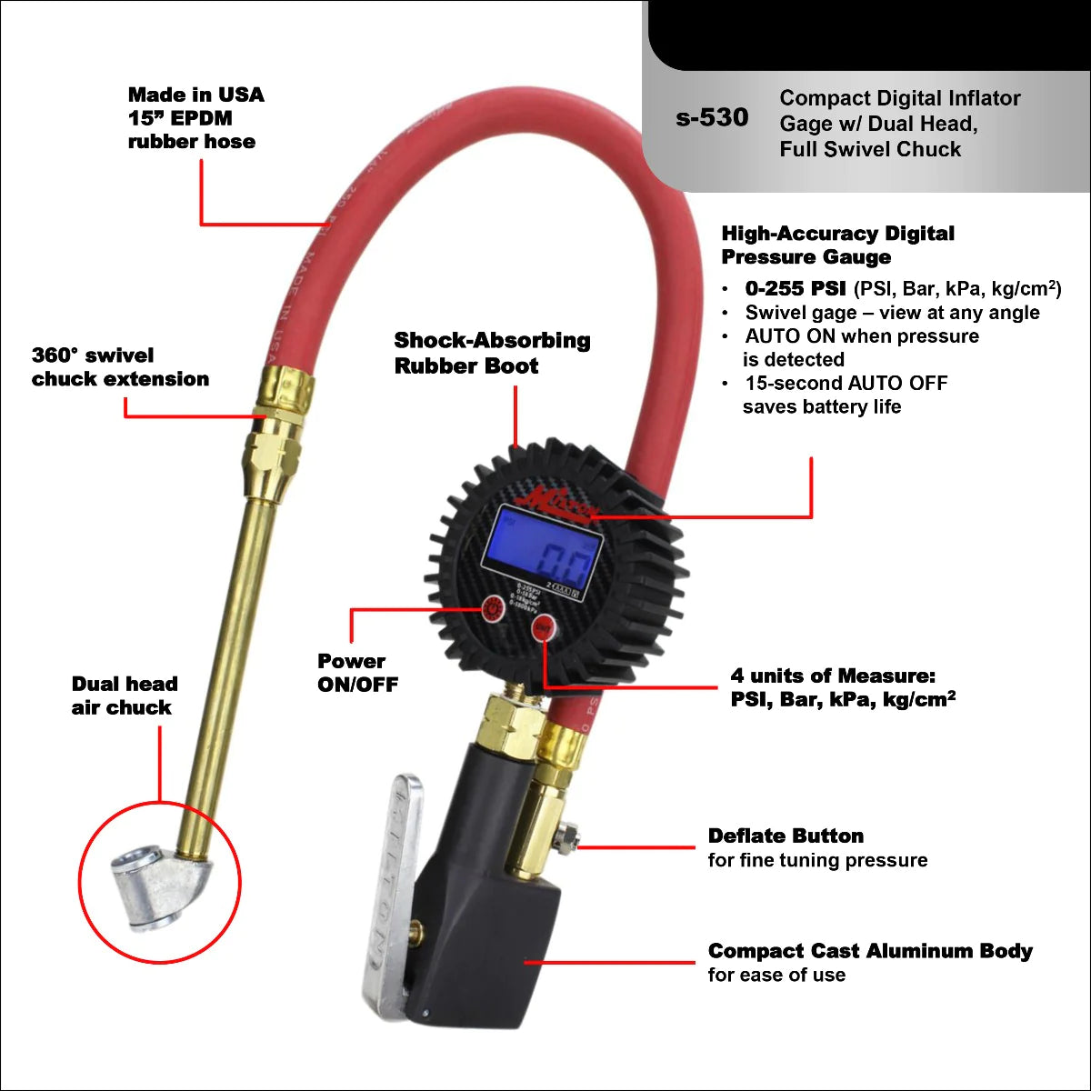 Compact Digital Tire Inflator with Pressure Gauge (255 PSI) - Air Chuck & 15" Rubber Air hose 1/4" NPT