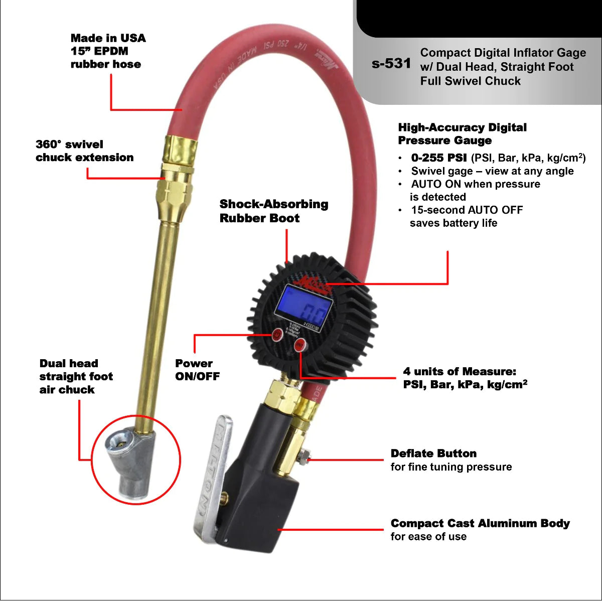 Compact Digital Tire Inflator with Pressure Gauge (255 PSI) - Air Chuck & 15" Rubber Air hose 1/4" NPT