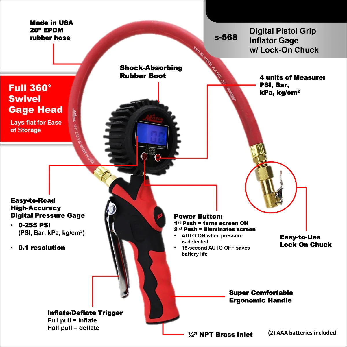 Heavy-Duty Digital Tire Inflator and Air Pressure Gauge, Euro Chuck, 1/4" NPT, 15" Rubber Hose, 0-255 PSI