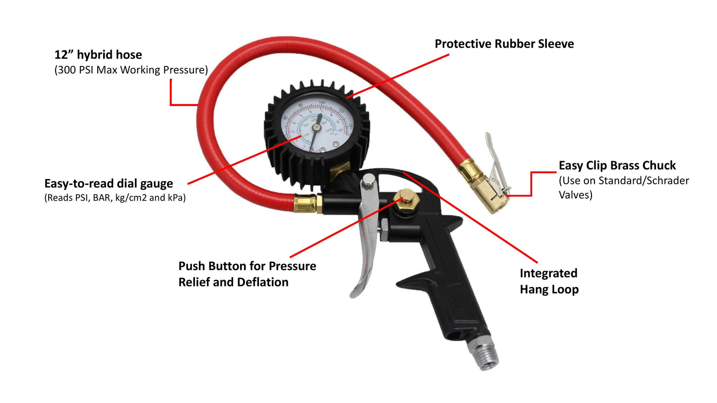 EXELAIR® Analog Pistol Grip Tire Inflator/Deflator Gauge, 13" Air Hose and Easy-Clip Chuck