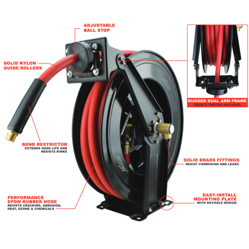 Milton 2760-50D - Steel Dual Arm Auto-Retractable Air Hose Reel, 3/8" x 50 ft. Rubber Hose - 300 Max PSI , Black