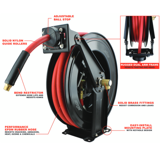 Milton 2760-50D - Steel Dual Arm Auto-Retractable Air Hose Reel, 3/8" x 50 ft. Rubber Hose - 300 Max PSI , Black