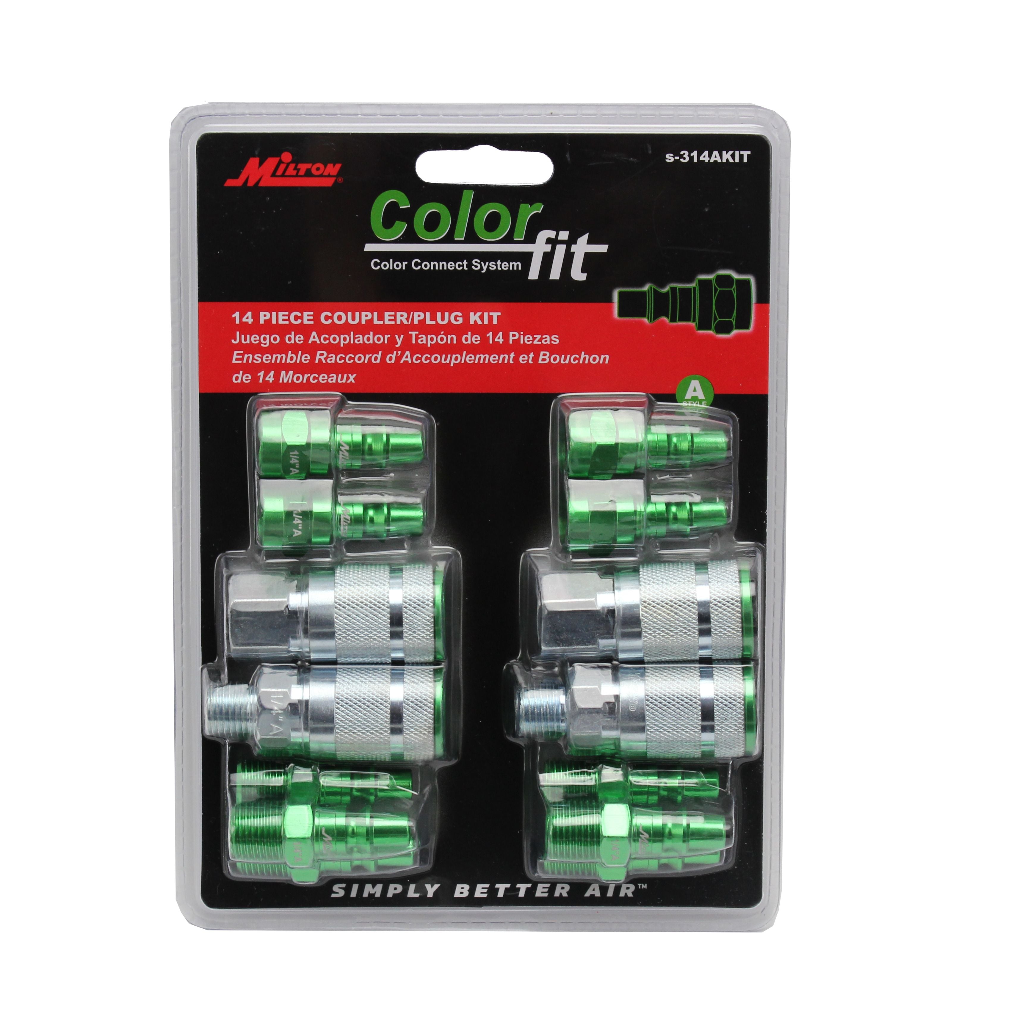 Milton COLOR FIT S-314AKIT 14pc A-Style Coupler & Plug Set – 1/4 NPT, Green